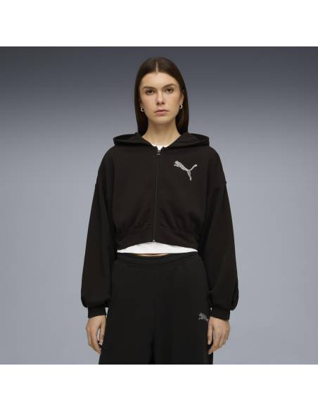 Sudadera mujer moda PUMA STRASS LEOPARDO OPEN HOOD NEGRA