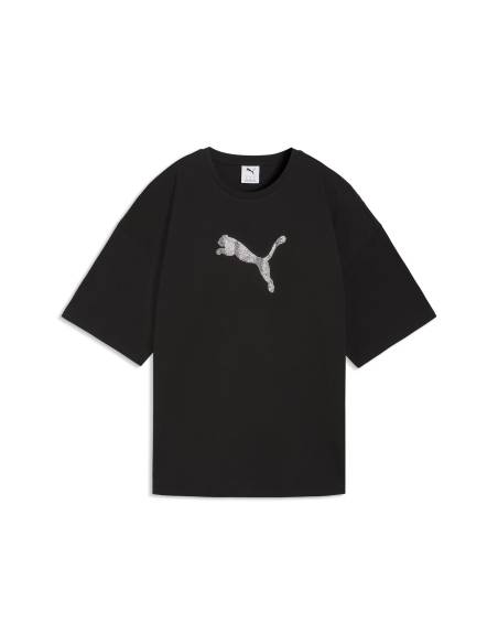 Camiseta mujer moda PUMA STRASS LEPARD NEGRA